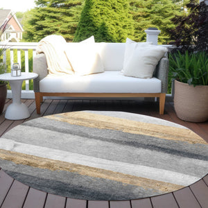 HomeRoots 8' Gold and Gray Round Striped Rug – Durable, Washable Area Rug for Indoor & Outdoor High-Traffic Spaces 623901