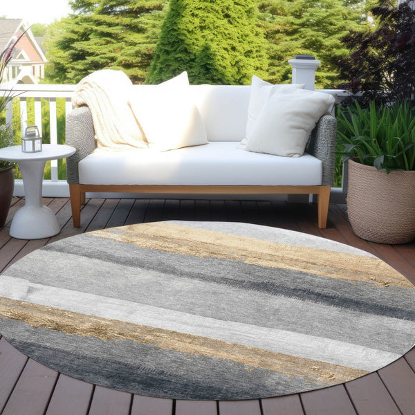HomeRoots 8' Gold and Gray Round Striped Rug – Durable, Washable Area Rug for Indoor & Outdoor High-Traffic Spaces 623901