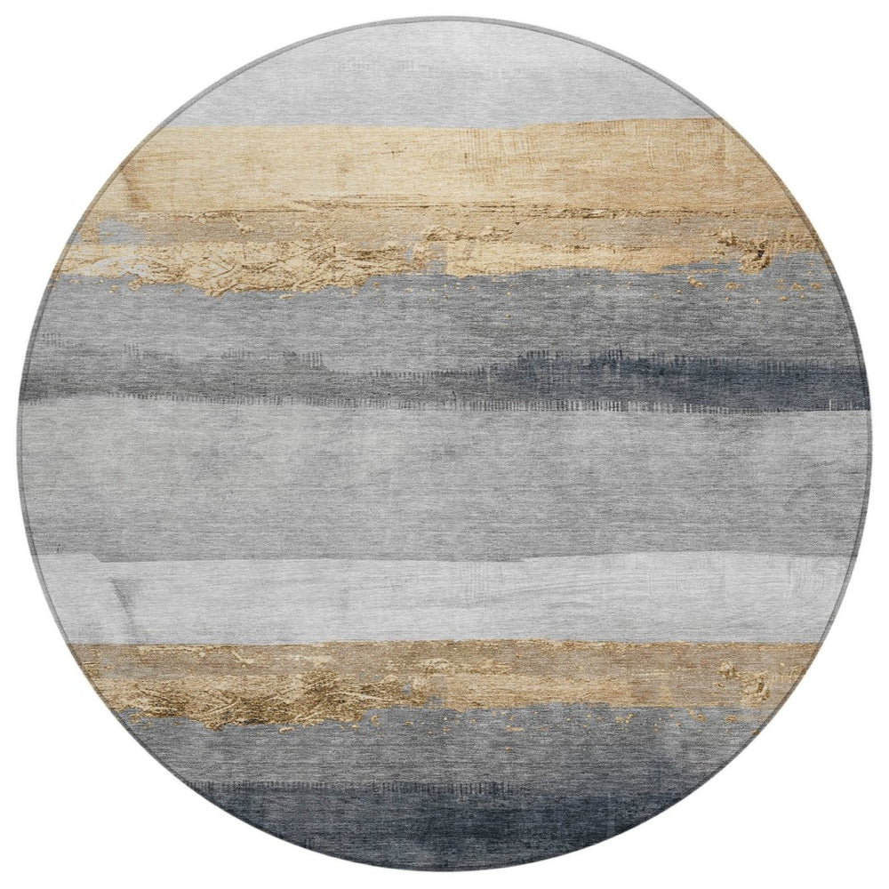HomeRoots 8' Gold and Gray Round Striped Rug – Durable, Washable Area Rug for Indoor & Outdoor High-Traffic Spaces 623901