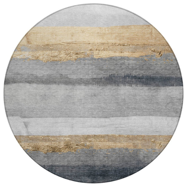 HomeRoots 8' Gold and Gray Round Striped Rug – Durable, Washable Area Rug for Indoor & Outdoor High-Traffic Spaces 623901
