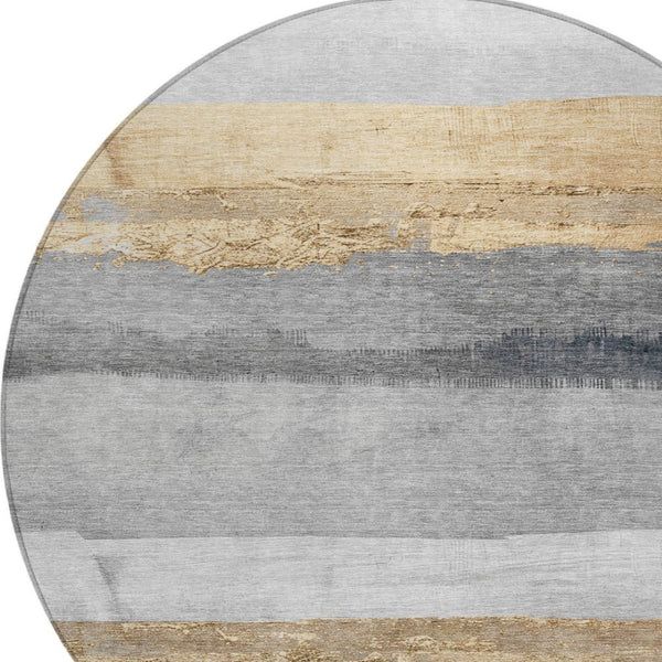 HomeRoots 8' Gold and Gray Round Striped Rug – Durable, Washable Area Rug for Indoor & Outdoor High-Traffic Spaces 623901