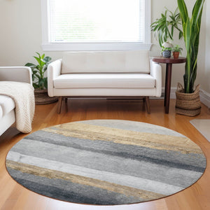 HomeRoots 8' Gold and Gray Round Striped Rug – Durable, Washable Area Rug for Indoor & Outdoor High-Traffic Spaces 623901