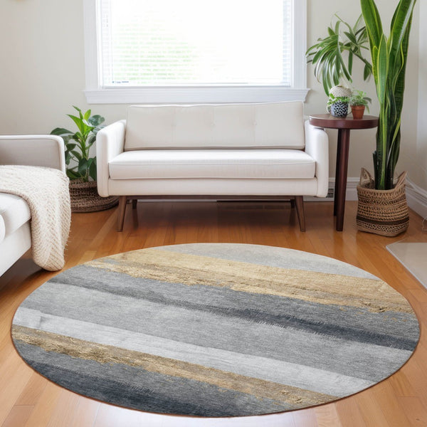 HomeRoots 8' Gold and Gray Round Striped Rug – Durable, Washable Area Rug for Indoor & Outdoor High-Traffic Spaces 623901