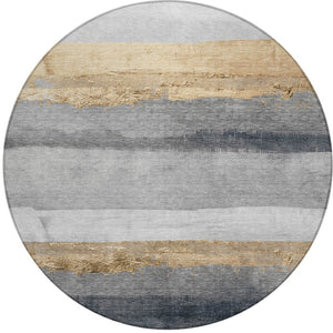 HomeRoots 8' Gold and Gray Round Striped Rug – Durable, Washable Area Rug for Indoor & Outdoor High-Traffic Spaces 623901
