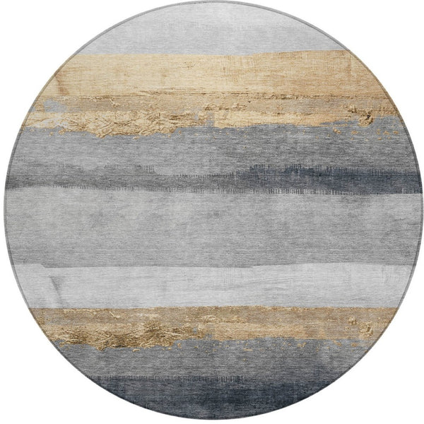 HomeRoots 8' Gold and Gray Round Striped Rug – Durable, Washable Area Rug for Indoor & Outdoor High-Traffic Spaces 623901