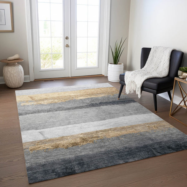 HomeRoots 8' X 10' Stylish Gold and Gray Striped Area Rug – Durable, Washable for Indoor/Outdoor Use! 623902