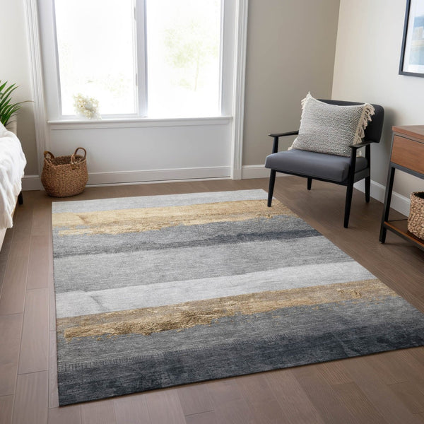 HomeRoots 9' Gold and Gray Striped Washable Area Rug – Durable, Stylish Indoor/Outdoor Design for High Traffic Spaces 623903