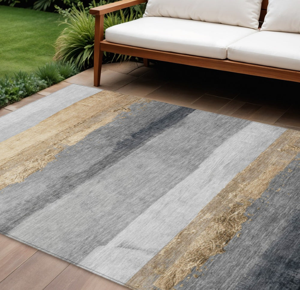 HomeRoots 10' Gold and Gray Striped Washable Indoor Outdoor Area Rug - Durable, Stylish, and Easy-Care Design 623904