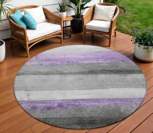 HomeRoots 8' Stylish Lavender and Gray Round Striped Washable Area Rug for Indoor and Outdoor Use, Durable & Chic 623907