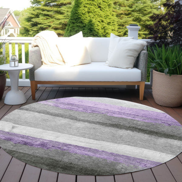 HomeRoots 8' Stylish Lavender and Gray Round Striped Washable Area Rug for Indoor and Outdoor Use, Durable & Chic 623907