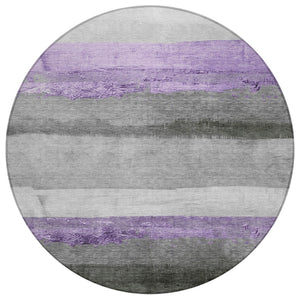 HomeRoots 8' Stylish Lavender and Gray Round Striped Washable Area Rug for Indoor and Outdoor Use, Durable & Chic 623907