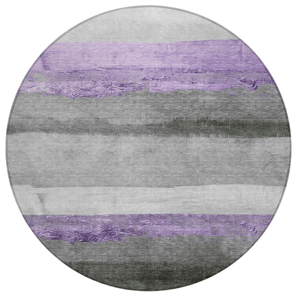 HomeRoots 8' Stylish Lavender and Gray Round Striped Washable Area Rug for Indoor and Outdoor Use, Durable & Chic 623907