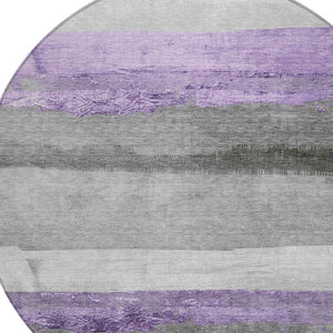 HomeRoots 8' Stylish Lavender and Gray Round Striped Washable Area Rug for Indoor and Outdoor Use, Durable & Chic 623907
