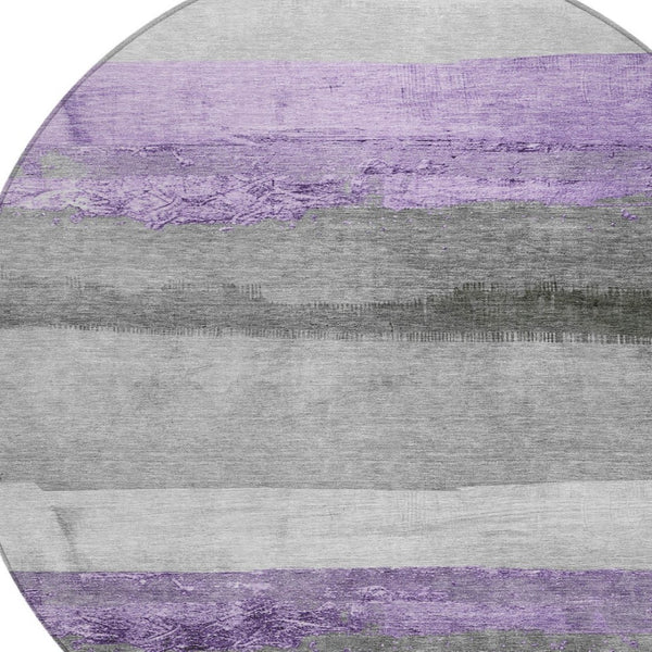 HomeRoots 8' Stylish Lavender and Gray Round Striped Washable Area Rug for Indoor and Outdoor Use, Durable & Chic 623907