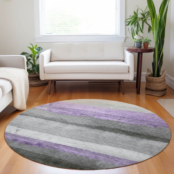 HomeRoots 8' Stylish Lavender and Gray Round Striped Washable Area Rug for Indoor and Outdoor Use, Durable & Chic 623907