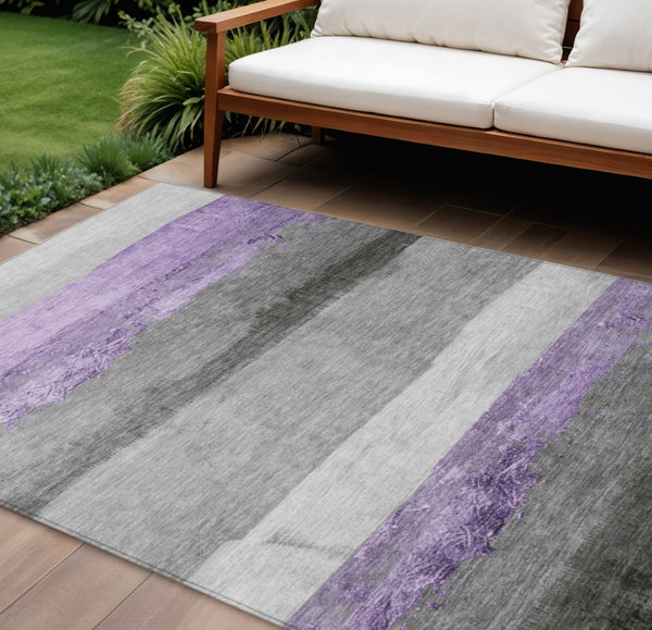 HomeRoots 10' Lavender & Gray Striped Washable Indoor Outdoor Area Rug - Durable, Stylish, and Easy-Care Solution 623910