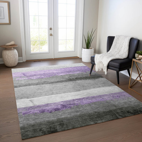 HomeRoots 10' Lavender & Gray Striped Washable Indoor Outdoor Area Rug - Durable, Stylish, and Easy-Care Solution 623910