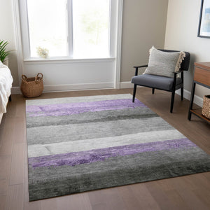 HomeRoots 10' Lavender & Gray Striped Washable Indoor Outdoor Area Rug - Durable, Stylish, and Easy-Care Solution 623910