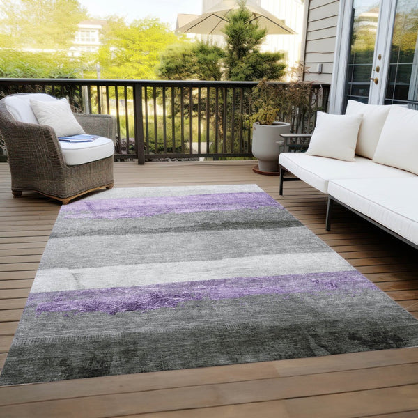 HomeRoots 10' Lavender & Gray Striped Washable Indoor Outdoor Area Rug - Durable, Stylish, and Easy-Care Solution 623910
