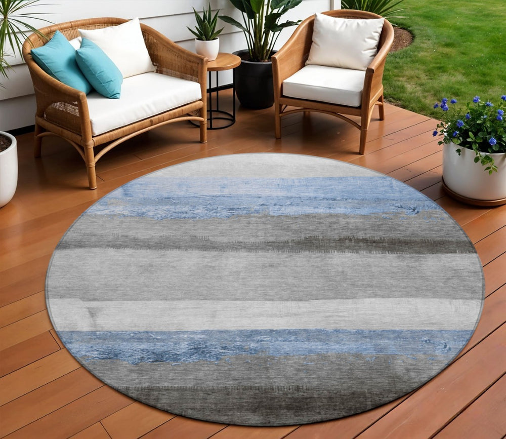 HomeRoots 8' Sky Blue and Gray Round Striped Area Rug - Stylish, Washable Design for Indoor & Outdoor Spaces 623913