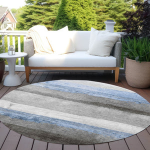 HomeRoots 8' Sky Blue and Gray Round Striped Area Rug - Stylish, Washable Design for Indoor & Outdoor Spaces 623913