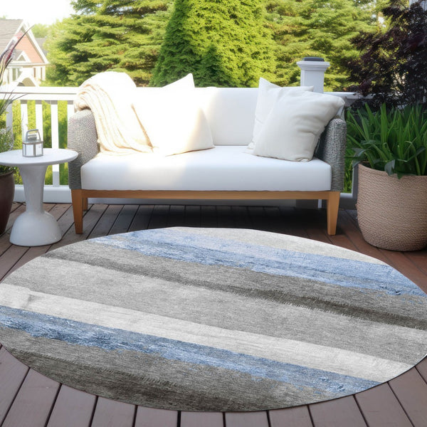HomeRoots 8' Sky Blue and Gray Round Striped Area Rug - Stylish, Washable Design for Indoor & Outdoor Spaces 623913