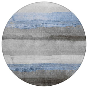 HomeRoots 8' Sky Blue and Gray Round Striped Area Rug - Stylish, Washable Design for Indoor & Outdoor Spaces 623913