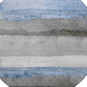 HomeRoots 8' Sky Blue and Gray Round Striped Area Rug - Stylish, Washable Design for Indoor & Outdoor Spaces 623913