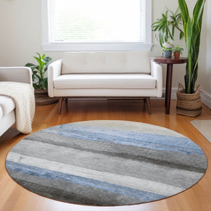 HomeRoots 8' Sky Blue and Gray Round Striped Area Rug - Stylish, Washable Design for Indoor & Outdoor Spaces 623913