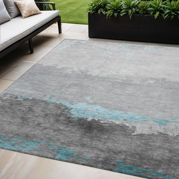 HomeRoots 5' X 8' Teal Blue and Gray Abstract Area Rug - Durable, Stylish, Washable Indoor/Outdoor Decor Piece 623990