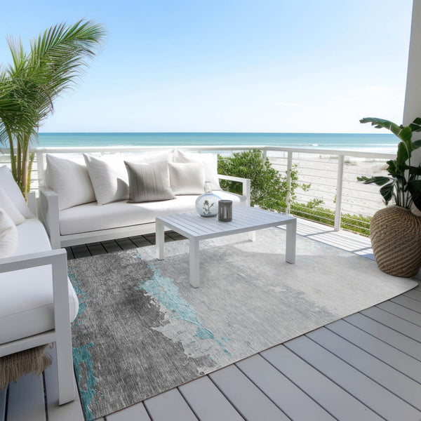 HomeRoots 5' X 8' Teal Blue and Gray Abstract Area Rug - Durable, Stylish, Washable Indoor/Outdoor Decor Piece 623990