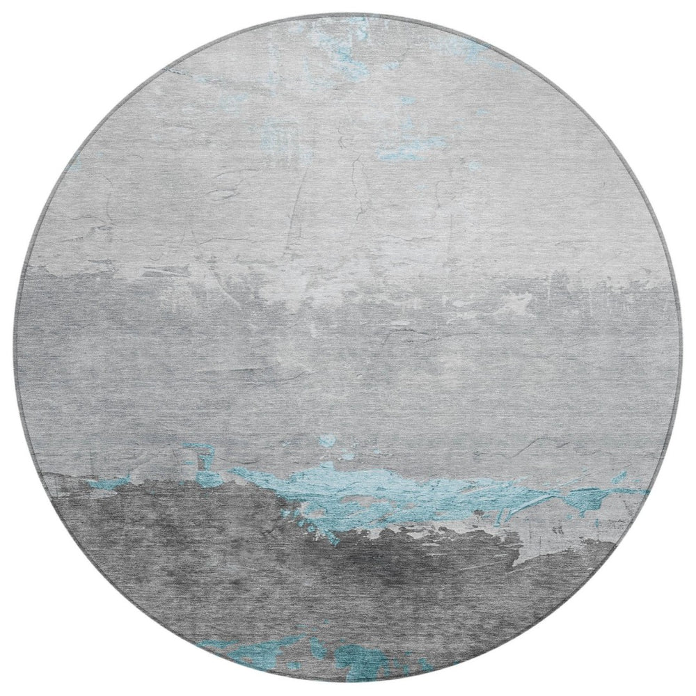 HomeRoots 8' Teal Blue and Gray Round Abstract Area Rug - Stylish, Washable, Indoor/Outdoor Design for All Spaces 623991