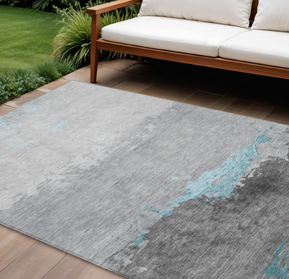 HomeRoots 8' X 10' Stylish Teal Blue & Gray Abstract Washable Rug - Versatile Indoor/Outdoor Décor Solution! 623992