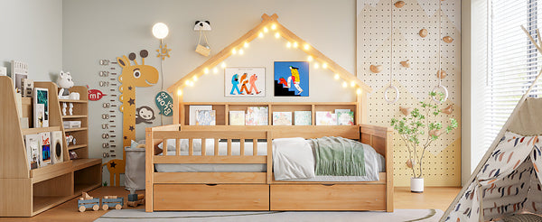 English Elm Wood Full Size Gaming Loft Bed with Integrated Desk, Shelves, LED Lighting & Hanging Clothes Rack Natural N7090001044N