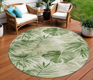 HomeRoots 8' Durable Artichoke Green & Ivory Round Floral Area Rug - Washable for Indoor & Outdoor Use! 623997