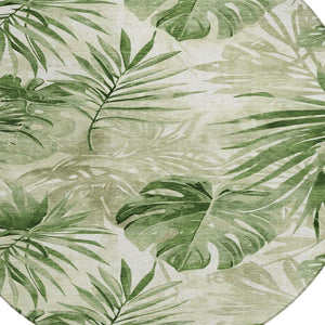 HomeRoots 8' Durable Artichoke Green & Ivory Round Floral Area Rug - Washable for Indoor & Outdoor Use! 623997