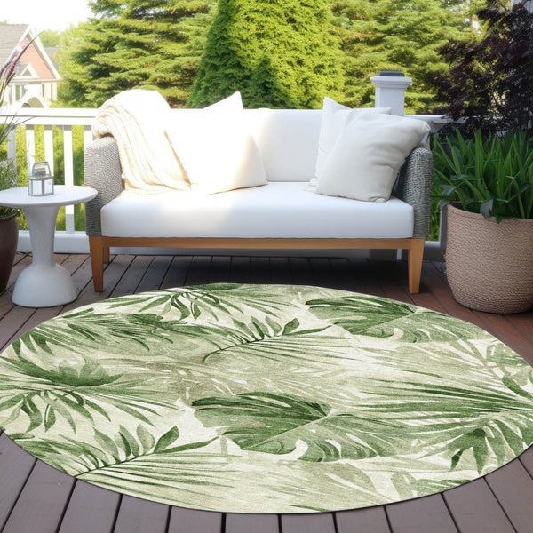 HomeRoots 8' Durable Artichoke Green & Ivory Round Floral Area Rug - Washable for Indoor & Outdoor Use! 623997