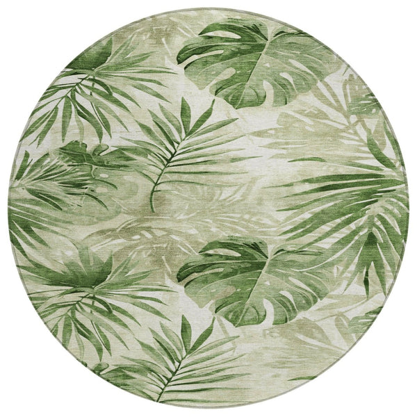 HomeRoots 8' Durable Artichoke Green & Ivory Round Floral Area Rug - Washable for Indoor & Outdoor Use! 623997