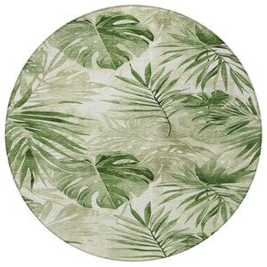HomeRoots 8' Durable Artichoke Green & Ivory Round Floral Area Rug - Washable for Indoor & Outdoor Use! 623997