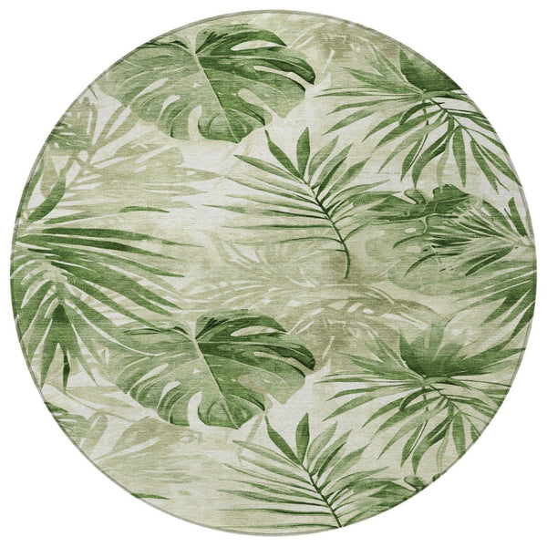 HomeRoots 8' Durable Artichoke Green & Ivory Round Floral Area Rug - Washable for Indoor & Outdoor Use! 623997