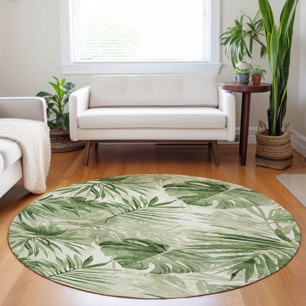 HomeRoots 8' Durable Artichoke Green & Ivory Round Floral Area Rug - Washable for Indoor & Outdoor Use! 623997