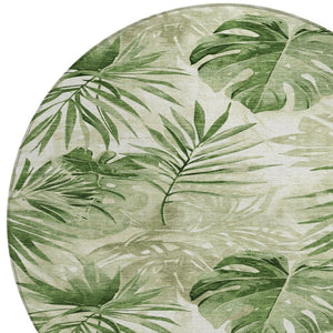HomeRoots 8' Durable Artichoke Green & Ivory Round Floral Area Rug - Washable for Indoor & Outdoor Use! 623997
