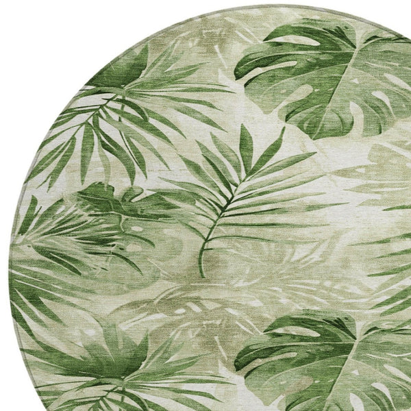 HomeRoots 8' Durable Artichoke Green & Ivory Round Floral Area Rug - Washable for Indoor & Outdoor Use! 623997