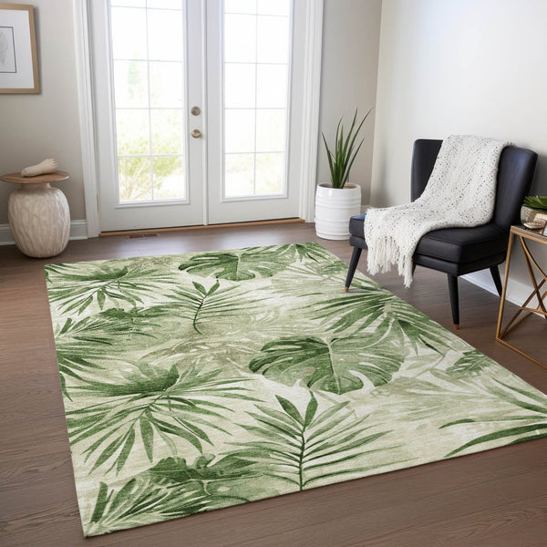 HomeRoots 8' X 10' Artichoke Green Floral Area Rug - Washable, Durable, Perfect for Indoor & Outdoor Spaces! 623998