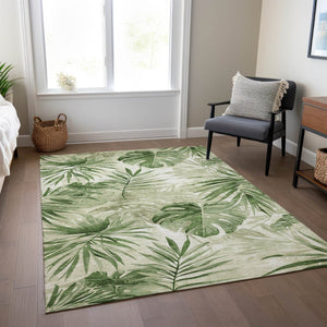 HomeRoots 8' X 10' Artichoke Green Floral Area Rug - Washable, Durable, Perfect for Indoor & Outdoor Spaces! 623998