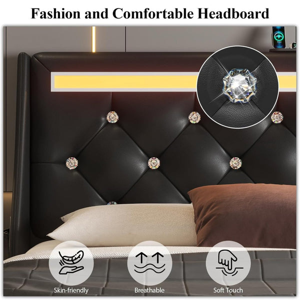 English Elm Queen Platform Bed Wingback Diamond Quilted Headboard Led Lighting Storage Drawers Black W5722P462684