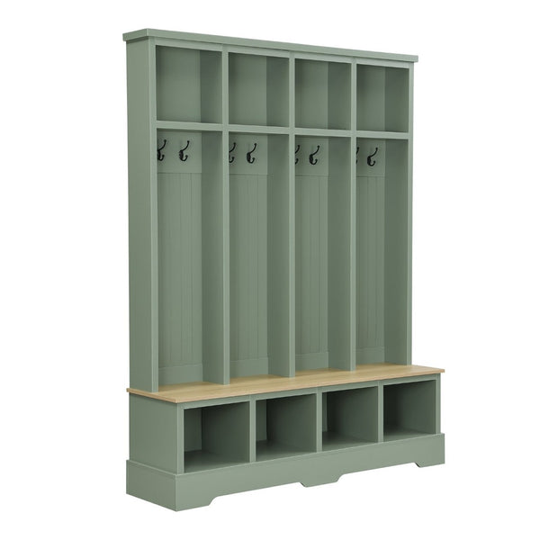 English Elm Farmhouse Hall Tree with Triple Arch Back Panel Eight Hooks Drawers and Entryway Bench Mint Green N721S000075M