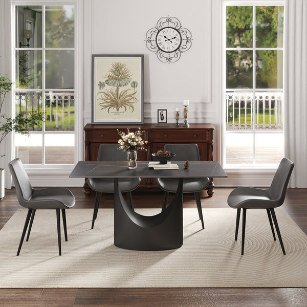 English Elm 55.12"Modern Sintered Stone Dining Table with Bronze Iron Legs — Sleek Rectangular Top, Seats 6, 400 lb Capacity Black W1535S00564