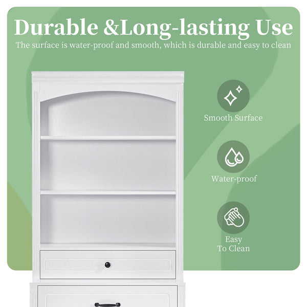 English Elm White Bathroom Storage Cabinet with Zinc Alloy Knobs, Adjustable Shelves, Smooth Drawers & Open Shelves for Organized, Durable MDF Storage (78.7" H) N725P252486K