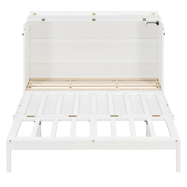 English Elm Queen Murphy Wall Bed Cabinet with Storage Drawer Built-in Power Outlets Usb Ports White LP000400AAK-1